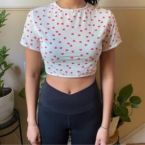 SKIMS White Red Heart Print Fitted Crop T-Shirt
